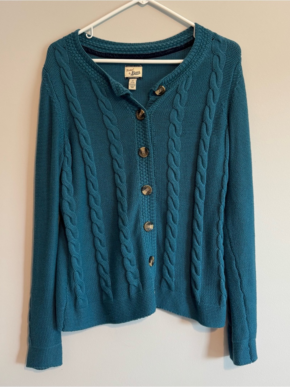 Bass Teal Cable-Knit Button Cardigan